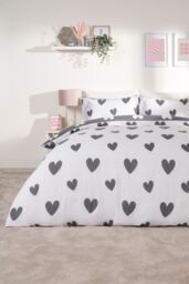 OHS Love Heart Decorative Printed Duvet Cover Set with Pillowcase in Charcoal - Size: Double - thumbnail 2