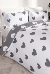 OHS Love Heart Decorative Printed Duvet Cover Set with Pillowcase in Charcoal - Size: Double - thumbnail 1