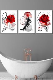 ARTZE Set of 3 White Framed Abstract Red & Black Botanical Wall Art - Size: W45 cm x H62 cm x D20mm