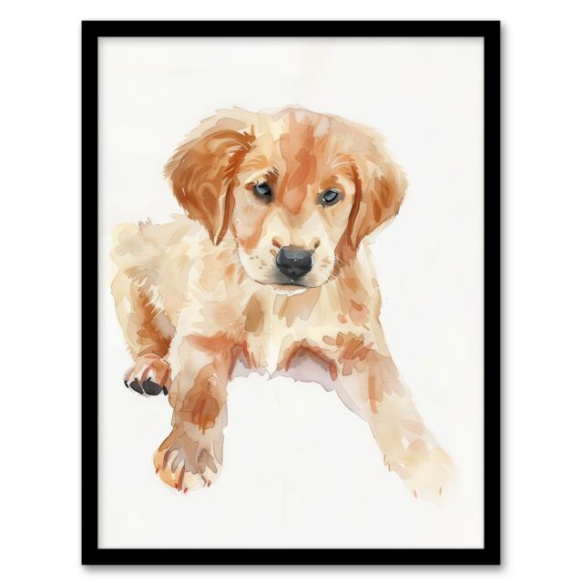 "Artery8 Dog Lover Golden Retriever Puppy Soft Watercolour Framed Wall Art in Beige - Size: W12"" x H16""" - image 1