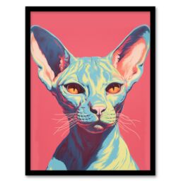 Artery8 Wall Art Print Sphynx Cat Screen Pink Blue Coral Teal Risograph Artwork Spot Block Colour Duotone Retro Riso Interior Design Art Framed - thumbnail 1