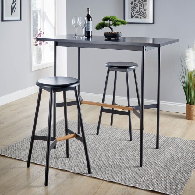 Home Source Bar Table Stool Set 120cm Black Metal Frame Solid Oak Crossbar Kitchen - image 1