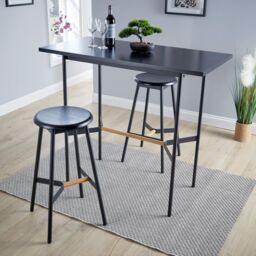 Home Source Bar Table Stool Set 120cm Black Metal Frame Solid Oak Crossbar Kitchen - thumbnail 2
