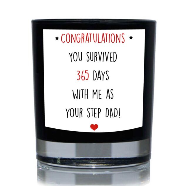 60 SECOND MAKEOVER Congratulations You Survived 365 Days With Me As Your Step Dad Funny 20cl Candle in Black