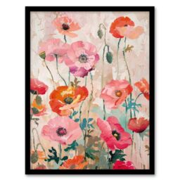Artery8 Wall Art Print Poppy Flowers Orange Pink Red Floral Oil Painting Art Framed Poster in Black - Size: A4 - thumbnail 1