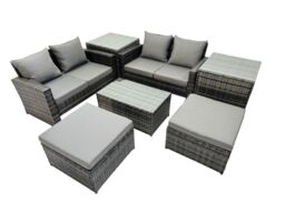Fimous 6 Seater Wicker PE Rattan Furniture Outdoor 2 Stool 2 Side Tables Set in Dark Grey - thumbnail 2