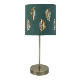 First Choice Lighting Antique Brass Stick Table Lamp with Dark Green Fern Cut Out Shade in Bronze