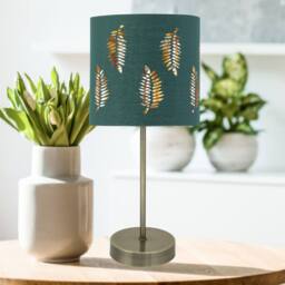 First Choice Lighting Antique Brass Stick Table Lamp with Dark Green Fern Cut Out Shade in Bronze - thumbnail 4