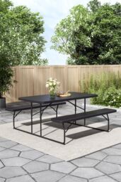 Living and Home Outdoor Foldable Picnic Table and Bench Set with Parasol Hole in Black - thumbnail 2