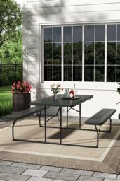 Living and Home Outdoor Foldable Picnic Table and Bench Set with Parasol Hole in Black - thumbnail 1