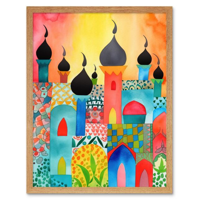 "Artery8 Wall Art Print Abstract Islamic Cityscape Folk Art Framed in Light Oak - Size: W12"" x H16""" - image 1