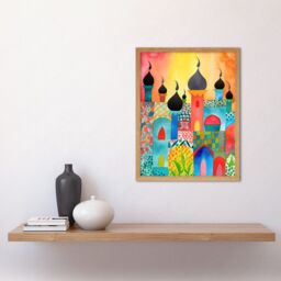 "Artery8 Wall Art Print Abstract Islamic Cityscape Folk Art Framed in Light Oak - Size: W12"" x H16""" - thumbnail 2