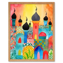 "Artery8 Wall Art Print Abstract Islamic Cityscape Folk Art Framed in Light Oak - Size: W12"" x H16""" - thumbnail 1