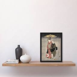 Artery8 Kitagawa Framed Wall Art Print Geisha Walking Through Snow At Night in Grey - Size: A4 - thumbnail 2