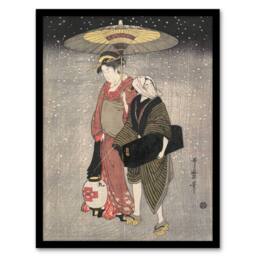 Artery8 Kitagawa Framed Wall Art Print Geisha Walking Through Snow At Night in Grey - Size: A4 - thumbnail 1