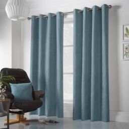 Luxury Living Velvet Chenille Eyelet Curtains Ready Made Pair in Teal - Size: 142 cm width x 137 cm drop - thumbnail 1