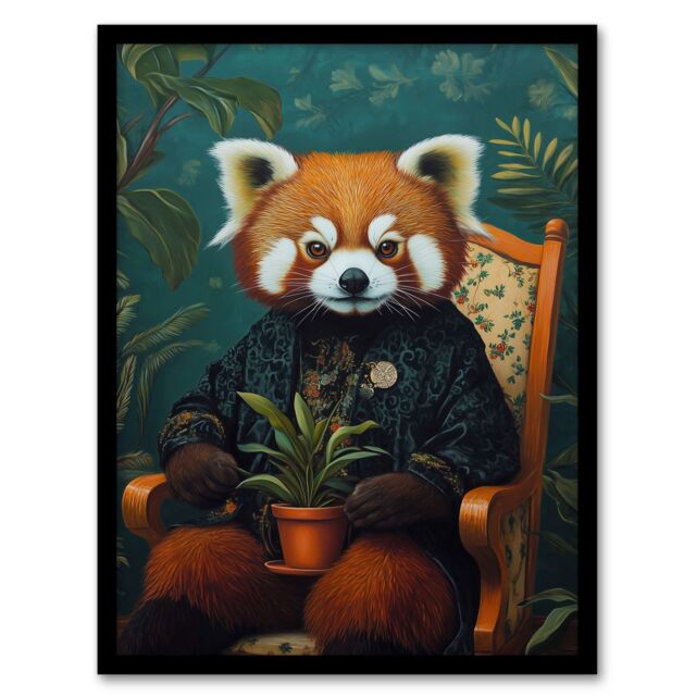 Artery8 Plant Lover Red Panda Kimono Surreal Portrait Framed Art Print in Blue - Size: A4 - image 1