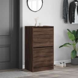 Berkfield Home Shoe Cabinet with 2 Flip-Drawers Brown Oak 60x42x108 cm - Size: 60 x 42 x 108 cm - thumbnail 3