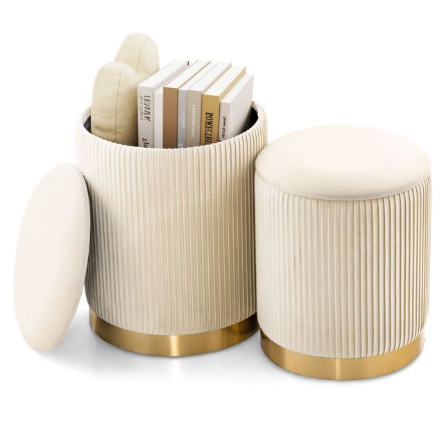 Costway 2 Pcs Velvet Round Footstools Nesting Storage Ottoman in Yellow - image 1