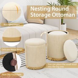 Costway 2 Pcs Velvet Round Footstools Nesting Storage Ottoman in Yellow - thumbnail 7