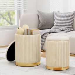 Costway 2 Pcs Velvet Round Footstools Nesting Storage Ottoman in Yellow - thumbnail 3