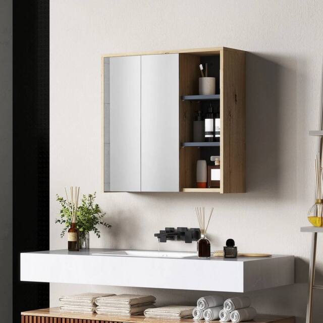 NESTLUNE Bathroom Cabinet Wall Mounted Mirror Storage in Light Oak - image 1