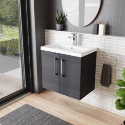 Balterley Contemporary Bathroom Wall Hung 2 Soft-Close Door Vanity Unit & Mid-Edge Basin, Charcoal Black, 600 mm in Black - thumbnail 4