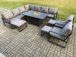 Fimous Aluminium Lounge Corner Sofa Outdoor Garden Furniture Sets Gas Fire Pit Dining Table Set with 2 Chairs 3 Footstools Dark Grey - thumbnail 1