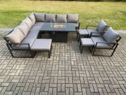 Fimous Aluminium Lounge Corner Sofa Outdoor Garden Furniture Sets Gas Fire Pit Dining Table Set with 2 Chairs 3 Footstools Dark Grey - thumbnail 2