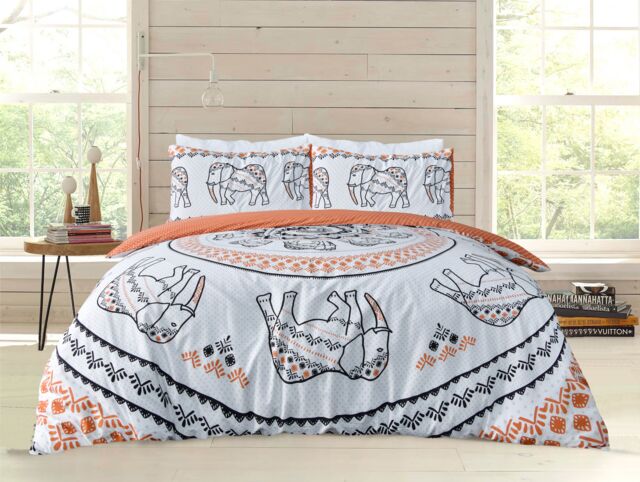 Smart Living Printed Reversible Polycotton Tribal Elephant Duvet Cover With Pillowcases in Burnt Orange - Size: Double - image 1