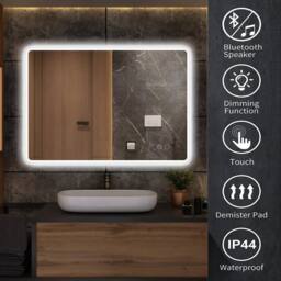 Dprodo Wall-Mounted Mirror with Bluetooth Speaker, 80CM X 60CM in White - Size: 80 cm x 60 cm - thumbnail 2