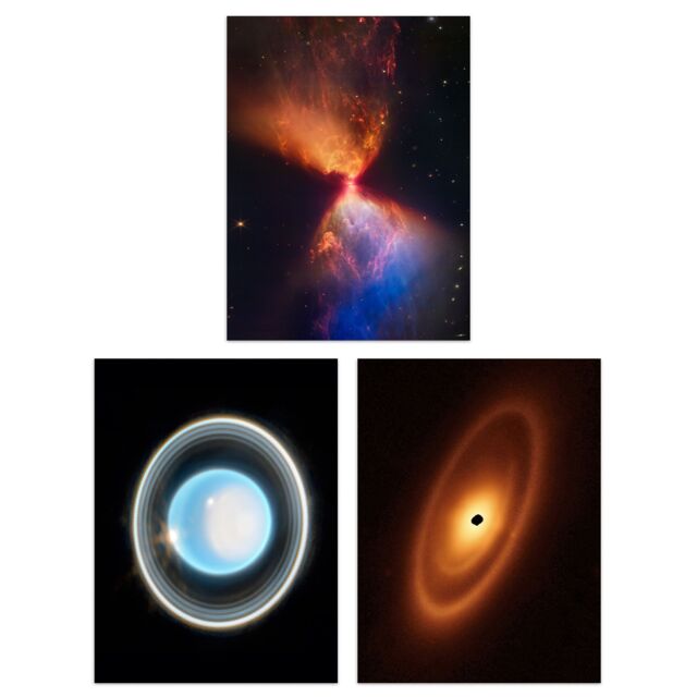 Artery8 Wall Art Print Pack of 3 NASA James Webb Images Zoomed in Uranus Fomalhaut Fiery Hourglass Protostar Large Poster Set - image 1