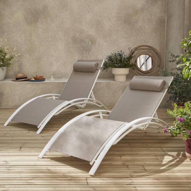 sweeek Set Of 2 Aluminium & Textilene Sun Loungers 4 Reclining Positions in Beige - image 1