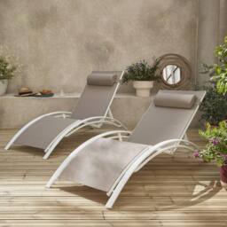 sweeek Set Of 2 Aluminium & Textilene Sun Loungers 4 Reclining Positions in Beige - thumbnail 1