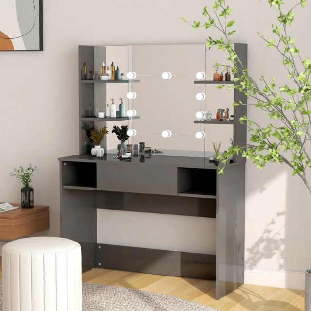 Berkfield Home Makeup Table with LED Lights 100x40x135 cm MDF Shining Grey - Size: 100 x 40 x 135 cm - image 1