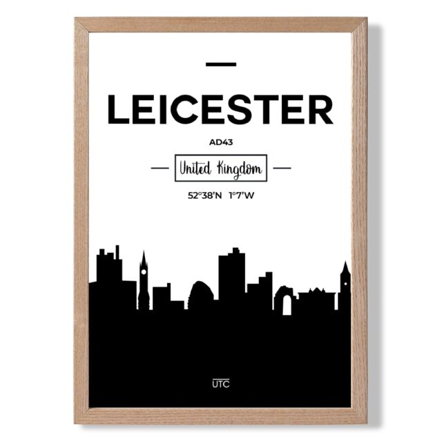 ARTZE Leicester Black & White City Skyline Framed Print SIZE: A4 with Oak Frame - image 1