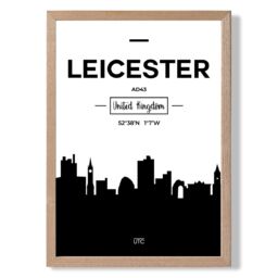 ARTZE Leicester Black & White City Skyline Framed Print SIZE: A4 with Oak Frame