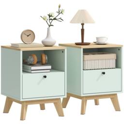 HOMCOM Modern Nightstand Set of 2, Bedside Table with Drawer & Open Shelf in Light Green - thumbnail 2