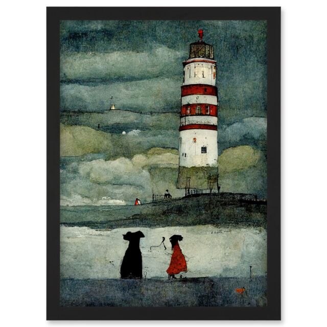 Artery8 Lighthouse Keeper's Dog Quirky Grunge Artwork Framed Wall Art Print A4 in Black - image 1