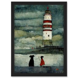 Artery8 Lighthouse Keeper's Dog Quirky Grunge Artwork Framed Wall Art Print A4 in Black - thumbnail 1