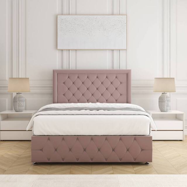 "BSSPOKE Lena Divan Bed Plush Velvet 24"" Headboard Mattress & No Drawers in Pink - Size: Single" - image 1