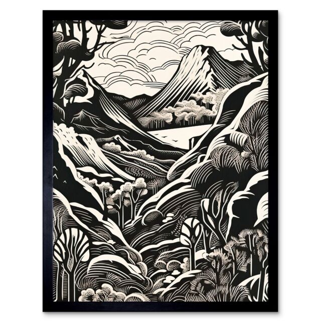 "Artery8 Wall Art Print Forest Mountain Landscape Black & White Linocut Art Framed - Size: W12"" x H16""" - image 1