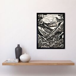 "Artery8 Wall Art Print Forest Mountain Landscape Black & White Linocut Art Framed - Size: W12"" x H16""" - thumbnail 2