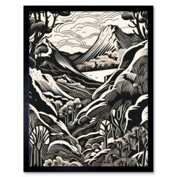 "Artery8 Wall Art Print Forest Mountain Landscape Black & White Linocut Art Framed - Size: W12"" x H16""" - thumbnail 1