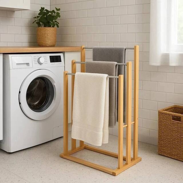 EONLION Bamboo Wooden Towel Holder Free Standing Bathroom in Brown - image 1