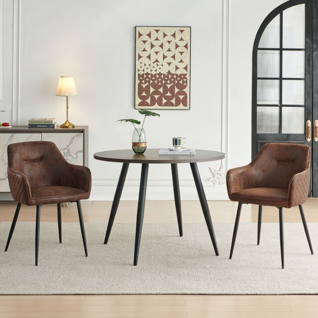 SONARA Dark Walnut Round Dining Table with 2 Faux Suede Dining Chairs Set in Brown - image 1