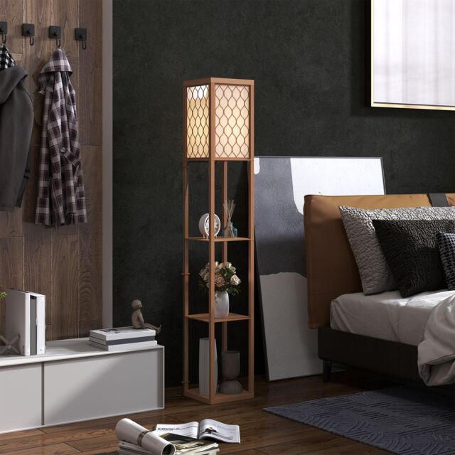 HOMCOM Modern Floor Lamp Light with 3 Shelves Fabric Lampshade in Natural - image 1