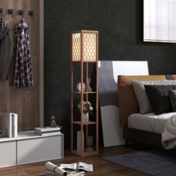 HOMCOM Modern Floor Lamp Light with 3 Shelves Fabric Lampshade in Natural - thumbnail 1