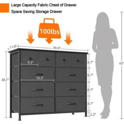 Nordara 10 Drawer Fabric Storage Chest Bedroom Dresser Cabinet Organizer in Black - thumbnail 2