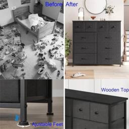 Nordara 10 Drawer Fabric Storage Chest Bedroom Dresser Cabinet Organizer in Black - thumbnail 4
